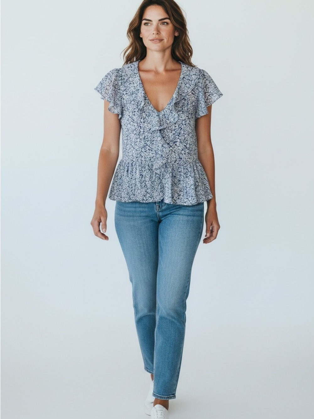 Melrose and Market Light Blue Floral Ruffle Peplum Blouse